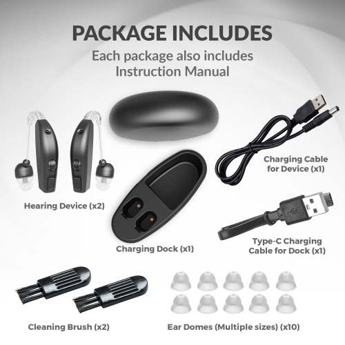 Digital Hearing Amplifier Pair - Personal Sound Amplification Device, Rechargeable All-Day Battery Life Lightweight Behind The Ear BTE Sound Aid and