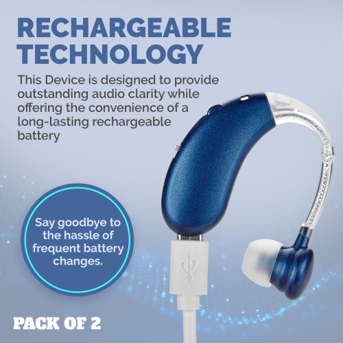 Digital Hearing Amplifier Pair - rechargeable Operated BTE Personal Sound Assist Device with 2 Modes, Volume Control & Noise Cancelling,