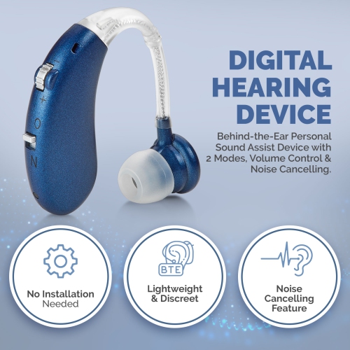 Digital Hearing Amplifier - rechargeable-Operated Left/Right Behind-The-Ear Personal Sound Assist Device with 2 Modes, Volume Control & Noise