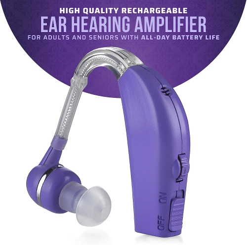 Amplificateurs auditifs numériques rechargeables haut de gamme – BTE PSAP pour adultes et aînés, autonomie d'une journée, design violet élégant.
