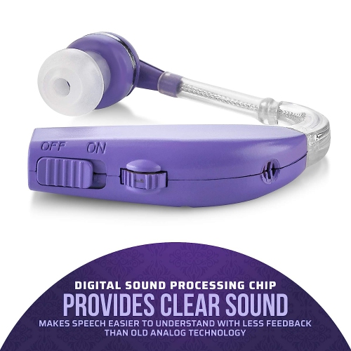 Amplificateurs auditifs numériques rechargeables haut de gamme – BTE PSAP pour adultes et aînés, autonomie d'une journée, design violet élégant.