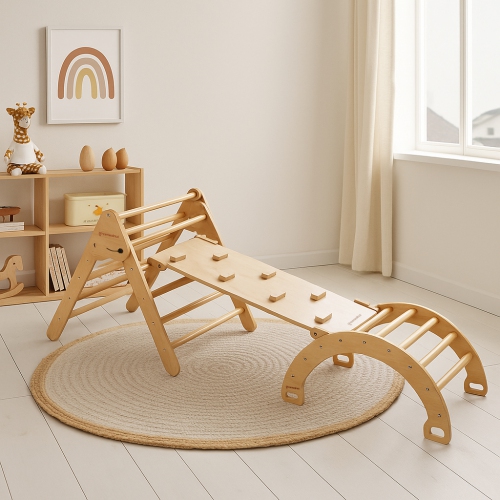 GREENWALNUT  Wooden Pikler Triangle With Rocker & Slide + Ramp | Wooden Climbing Gym Set