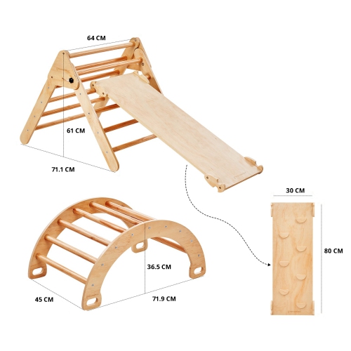 Greenwalnut Wooden Pikler Triangle With Rocker & Slide + Ramp | Wooden Climbing Gym Set