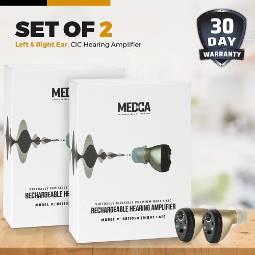 Rechargeable Hearing Amplifier Pair - Left & Right Ear CIC Complete-in-Canal Set, Nearly Invisible Personal Sound Amplifier with Digital Noise