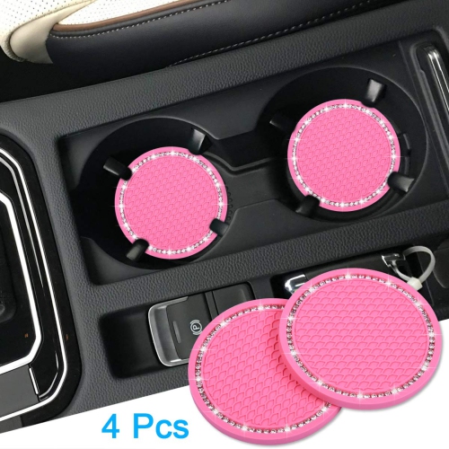 Bling Car Coasters, 4 Pack PVC Car Cup Holder Insert Coaster - Anti Slip Universal Vehicle Interior Accessories Crystal Glitter Cup Mats for