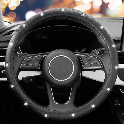 Diamond Soft Microfiber Leather Anti-Slip Steering Wheel Cover with Bling Bling Crystal Rhinestones, Universal 15 Inch for Women Girls, Fit Vehicles,