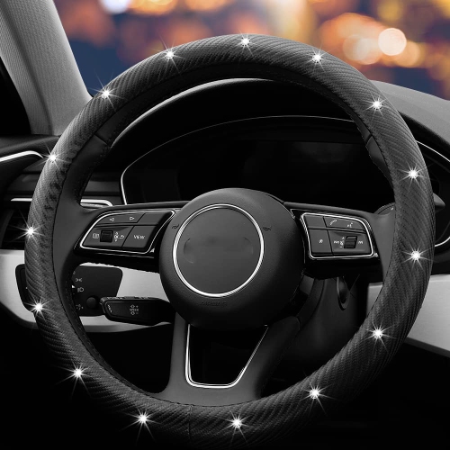 Diamond Soft Microfiber Leather Anti-Slip Steering Wheel Cover with Bling Bling Crystal Rhinestones, Universal 15 Inch for Women Girls, Fit Vehicles,