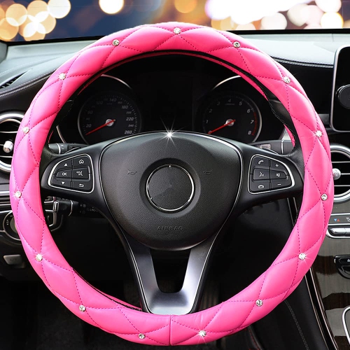 Cute Diamond Soft Leather Anti-Slip Steering Wheel Cover with Bling Bling Crystal Rhinestones, Universal 15 Inch for Women Girls, Fit Vehicles,