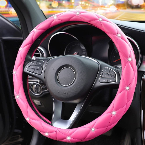 Cute Diamond Soft Leather Anti-Slip Steering Wheel Cover with Bling Bling Crystal Rhinestones, Universal 15 Inch for Women Girls, Fit Vehicles,