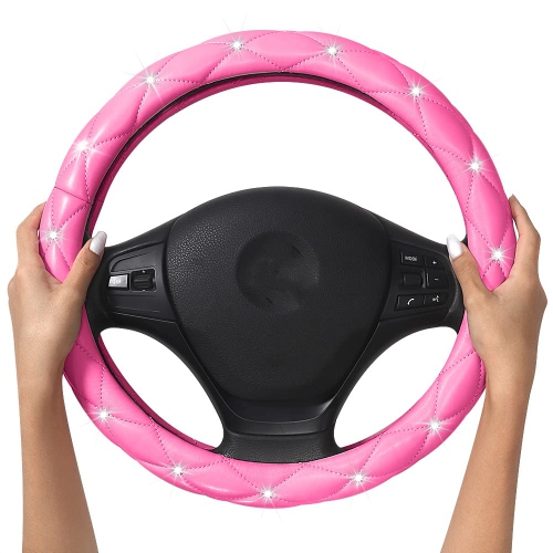 Cute Diamond Soft Leather Anti-Slip Steering Wheel Cover with Bling Bling Crystal Rhinestones, Universal 15 Inch for Women Girls, Fit Vehicles,