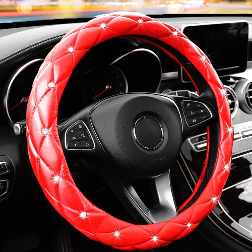 HLD  Cute Diamond Soft Leather Anti-Slip Steering Wheel Cover \w Bling Bling Crystal Rhinestones, Universal 15 Inch for Women Girls, Fit Vehicles