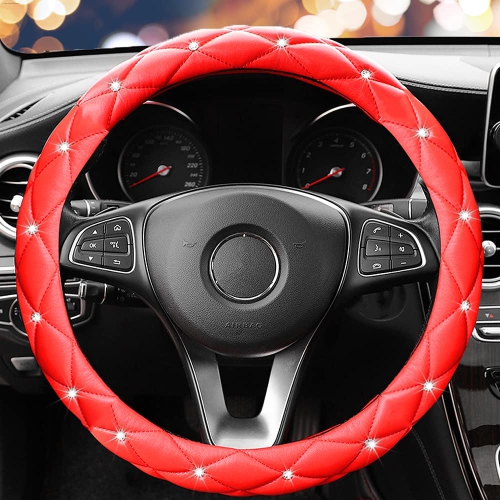 Cute Diamond Soft Leather Anti-Slip Steering Wheel Cover with Bling Bling Crystal Rhinestones, Universal 15 Inch for Women Girls, Fit Vehicles,