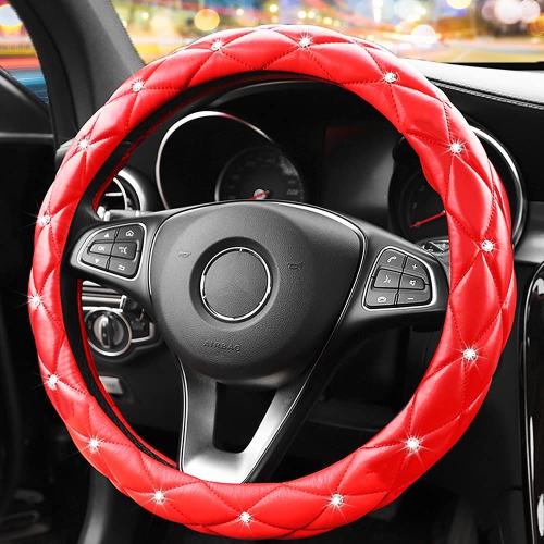 Cute Diamond Soft Leather Anti-Slip Steering Wheel Cover with Bling Bling Crystal Rhinestones, Universal 15 Inch for Women Girls, Fit Vehicles,