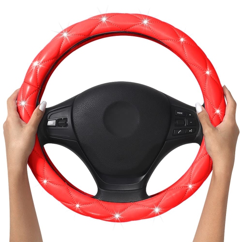 Cute Diamond Soft Leather Anti-Slip Steering Wheel Cover with Bling Bling Crystal Rhinestones, Universal 15 Inch for Women Girls, Fit Vehicles,