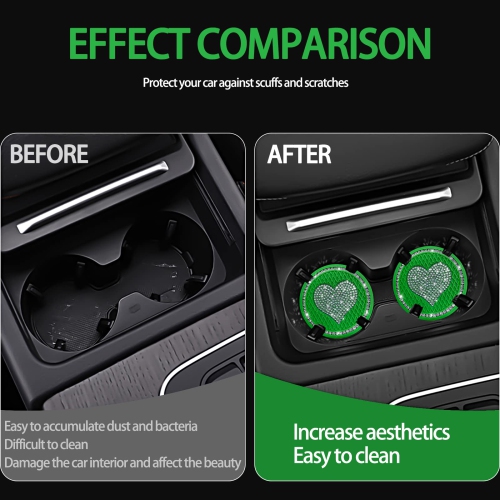 Car Cup Holder Coaster,4PCS Universal Heart Bling White Crystal Rhinestone Car Coasters & 2PCS Push to Start Button Ring,Car Accessories for Women