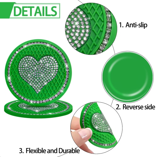 Car Cup Holder Coaster,4PCS Universal Heart Bling White Crystal Rhinestone Car Coasters & 2PCS Push to Start Button Ring,Car Accessories for Women