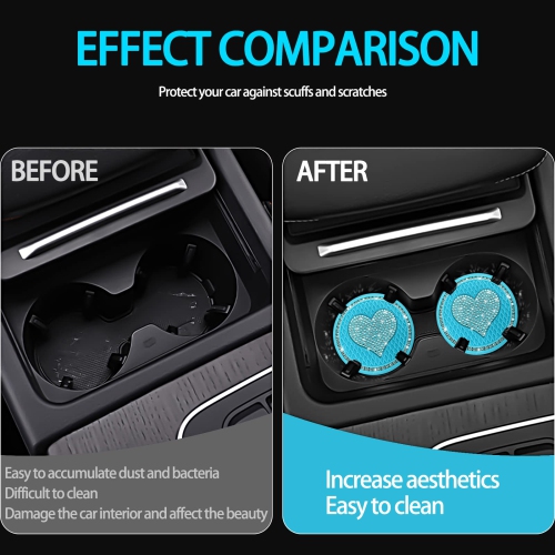 Car Cup Holder Coaster,2PCS Universal Heart Bling White Crystal Rhinestone Car Coasters & Push to Start Button Ring,Car Accessories for Women Car