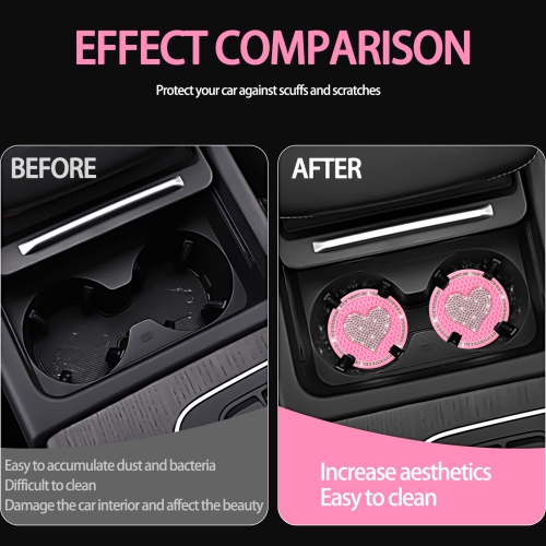 Car Cup Holder Coaster,2PCS Universal Heart Bling White Crystal Rhinestone Car Coasters & Push to Start Button Ring,Car Accessories for Women Car