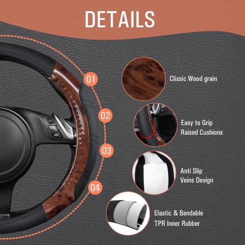 Wood Grain Microfiber Leather Sporty Steering Wheel Cover Universal Fits for 95% Truck,SUV,Cars, Anti-Slip Safety Comfortable Desgin