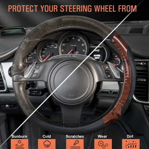 Wood Grain Microfiber Leather Sporty Steering Wheel Cover Universal Fits for 95% Truck,SUV,Cars, Anti-Slip Safety Comfortable Desgin