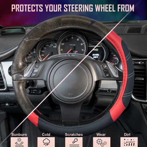 Line Rider Microfiber Leather Sporty Steering Wheel Cover Universal Fits for 95% Truck,SUV,Cars,14.5-15inch Anti-Slip Safety Comfortable Desgin