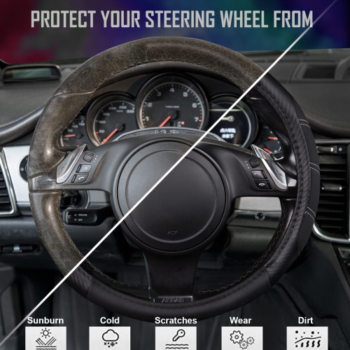 Line Rider Microfiber Leather Sporty Steering Wheel Cover Universal Fits for 95% Truck,SUV,Cars, Anti-Slip Safety Comfortable Desgin