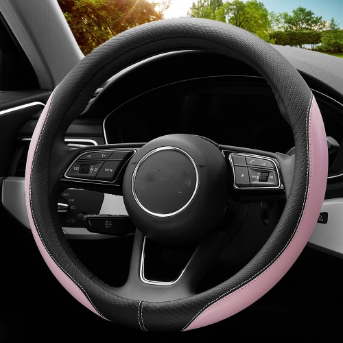 Soft Cute Light Pink Microfiber Leather Anti-Slip Steering Wheel Cover, Universal 15 Inch for Women Girls, Fit Vehicles, Sedans, SUVs, Vans, Trucks