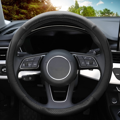 Soft Microfiber Leather Anti-Slip Car Steering Wheel Cover, Universal Fit 15 Inch, Fit Vehicles, Sedans, SUVS, Vans, Trucks - Black