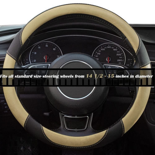 Universal Car Steering Wheel Cover Breathable Anti-Slip, 15 inch Microfiber Leather Auto Steering Wheel Cover for Car Truck SUV Classic Beige
