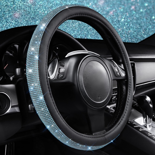 Diamond Black Leather Steering Wheel Cover, with Bling Crystal Rhinestones Universal Fit 14" 1/2-15" Crystal Glitter for Women Sparkle Girl Fit