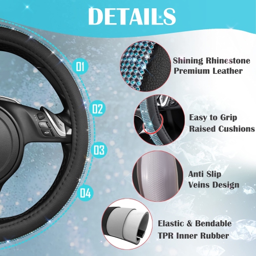Diamond Black Leather Steering Wheel Cover, with Bling Crystal Rhinestones Universal Fit 14" 1/2-15" Crystal Glitter for Women Sparkle Girl Fit