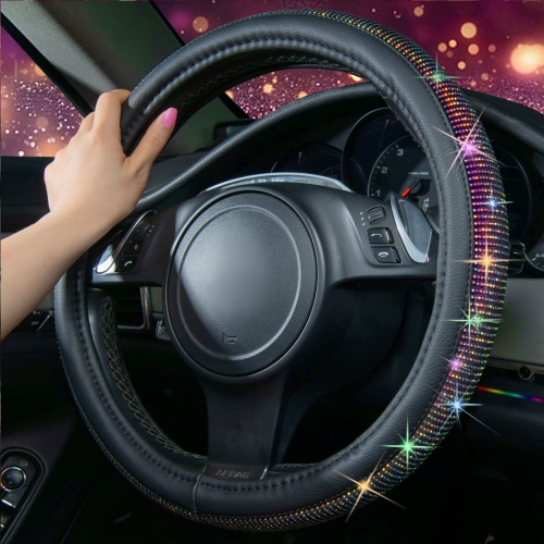 Diamond Leather Steering Wheel Cover, with Bling Crystal Rhinestones Fit Suvs,Vans,Sedans,Cars,Trucks Universal Fit 14.5-15inch Crystal Glitter for