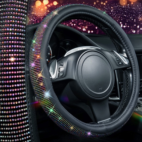Diamond Leather Steering Wheel Cover, with Bling Crystal Rhinestones Fit Suvs,Vans,Sedans,Cars,Trucks Universal Fit 14.5-15inch Crystal Glitter for