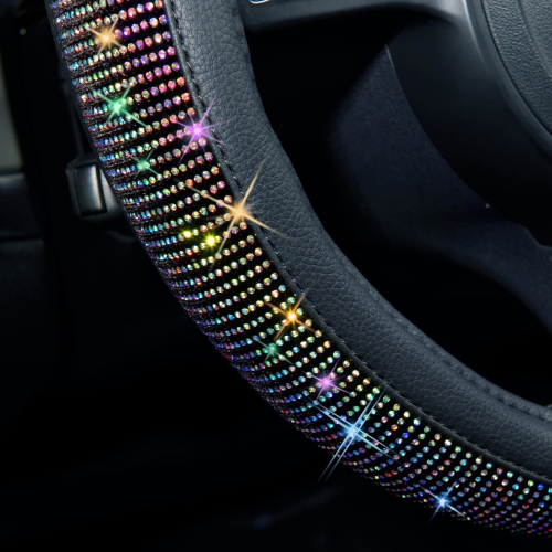 Diamond Leather Steering Wheel Cover, with Bling Crystal Rhinestones Fit Suvs,Vans,Sedans,Cars,Trucks Universal Fit 14.5-15inch Crystal Glitter for