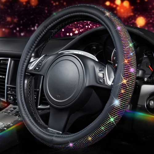 Diamond Leather Steering Wheel Cover, with Bling Crystal Rhinestones Fit Suvs,Vans,Sedans,Cars,Trucks Universal Fit 14.5-15inch Crystal Glitter for