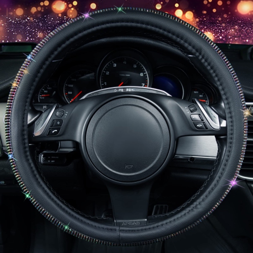 Diamond Leather Steering Wheel Cover, with Bling Crystal Rhinestones Fit Suvs,Vans,Sedans,Cars,Trucks Universal Fit 14.5-15inch Crystal Glitter for