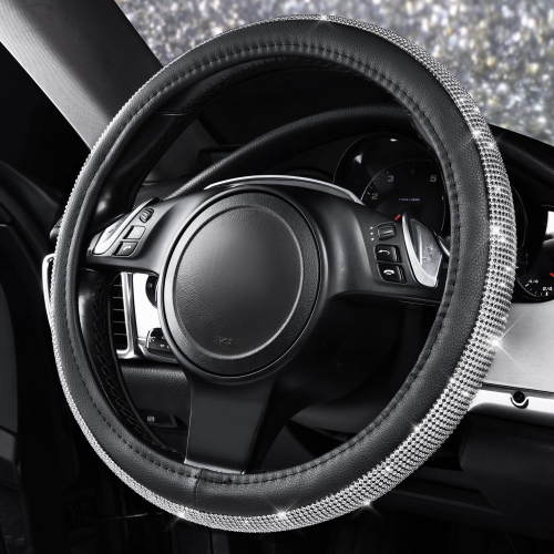 Diamond Black Leather Steering Wheel Cover, with Bling Crystal Rhinestones Universal Fit 14" 1/2-15" Crystal Glitter for Women Sparkle Girl Fit