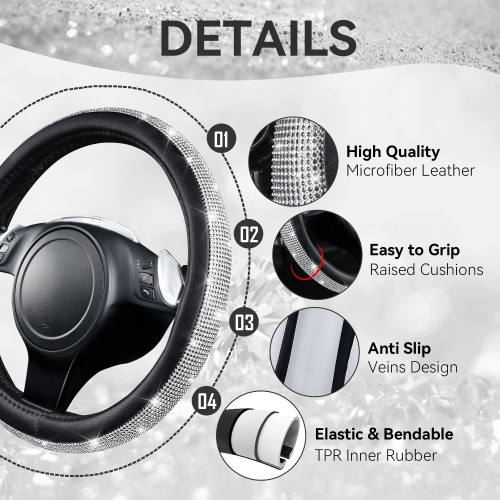 Diamond Black Leather Steering Wheel Cover, with Bling Crystal Rhinestones Universal Fit 14" 1/2-15" Crystal Glitter for Women Sparkle Girl Fit