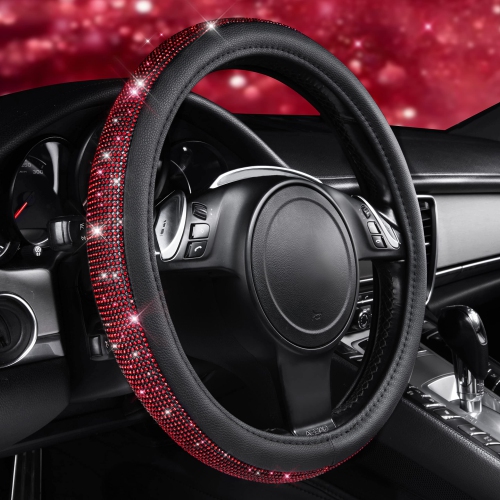Diamond Black Leather Steering Wheel Cover, with Bling Crystal Rhinestones Universal Fit 14" 1/2-15" Crystal Glitter for Women Sparkle Girl Fit