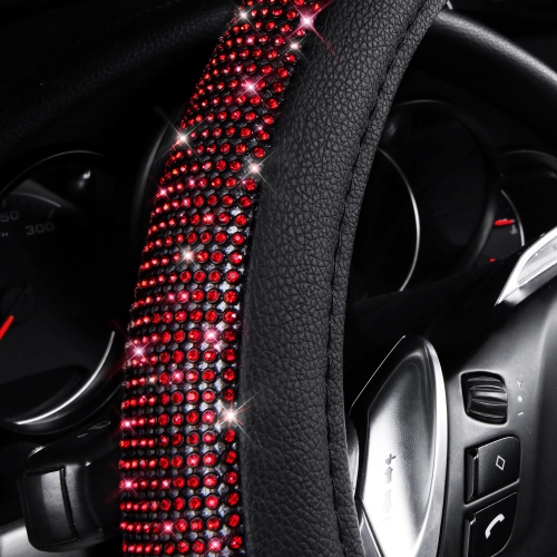 Diamond Black Leather Steering Wheel Cover, with Bling Crystal Rhinestones Universal Fit 14" 1/2-15" Crystal Glitter for Women Sparkle Girl Fit