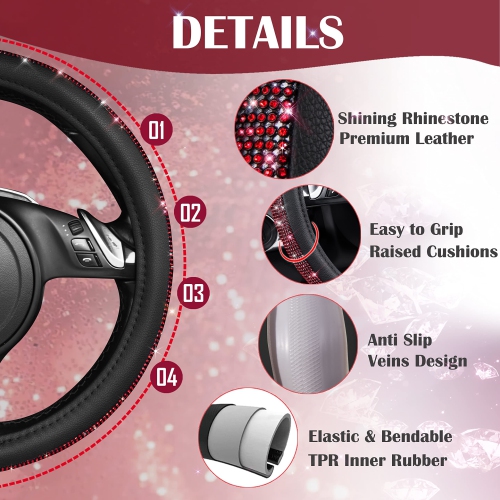 Diamond Black Leather Steering Wheel Cover, with Bling Crystal Rhinestones Universal Fit 14" 1/2-15" Crystal Glitter for Women Sparkle Girl Fit