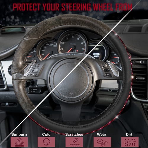 Diamond Black Leather Steering Wheel Cover, with Bling Crystal Rhinestones Universal Fit 14" 1/2-15" Crystal Glitter for Women Sparkle Girl Fit