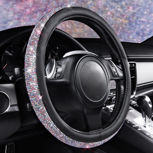 Diamond Black Leather Steering Wheel Cover, with Bling Crystal Rhinestones Universal Fit 14"1/2-15" Crystal Glitter for Women Sparkle Girl Fit