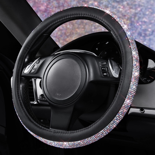 Diamond Black Leather Steering Wheel Cover, with Bling Crystal Rhinestones Universal Fit 14"1/2-15" Crystal Glitter for Women Sparkle Girl Fit