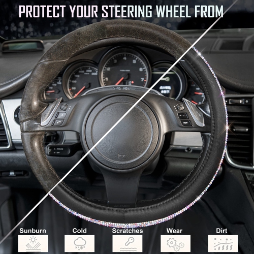 Diamond Black Leather Steering Wheel Cover, with Bling Crystal Rhinestones Universal Fit 14"1/2-15" Crystal Glitter for Women Sparkle Girl Fit