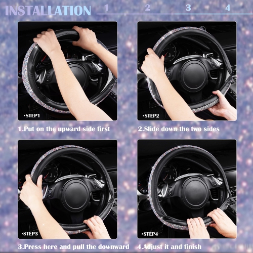 Diamond Black Leather Steering Wheel Cover, with Bling Crystal Rhinestones Universal Fit 14"1/2-15" Crystal Glitter for Women Sparkle Girl Fit