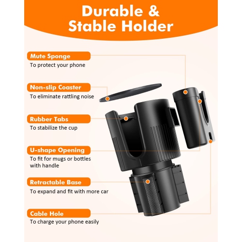 Car Cup Holder Expander with Phone Holder, 2 in 1 Big Cup Holder Extender with Adjustable Base, Large Cupholders Adapter Compatible with Hydro Flask,
