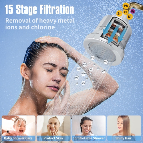 Filtre de douche à 15 étapes pour eau dure, pomme de douche adoucisseur d'eau haute pression, filtres de douche pour éliminer le chlore et le
