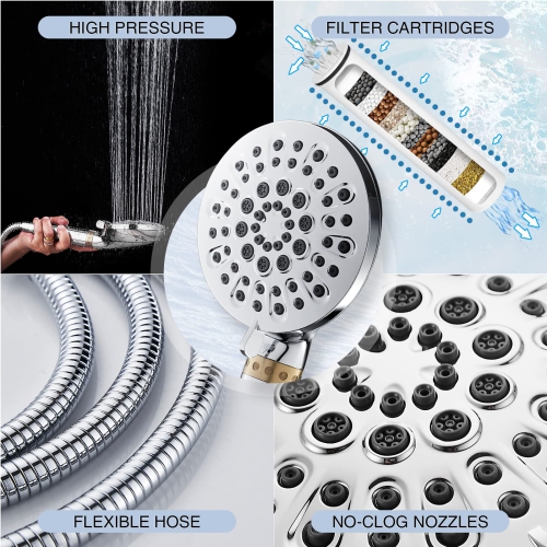Filtered Shower Head, 6- Settings Shower Head with Filter for Hard Water & Skin Care, High Pressure Handheld Shower Head, Detachable Shower No-Clog