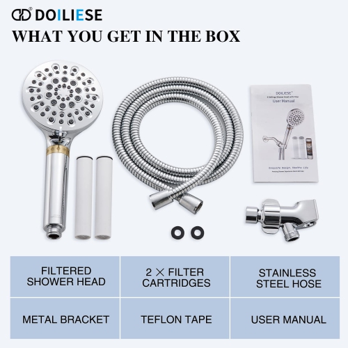 Filtered Shower Head, 6- Settings Shower Head with Filter for Hard Water & Skin Care, High Pressure Handheld Shower Head, Detachable Shower No-Clog